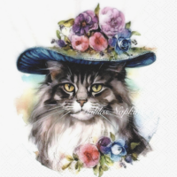 Rare Gray cat with a floral hat akvarel