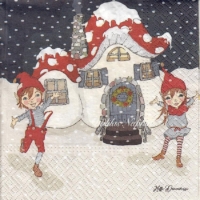 Art Secret Santa children in front of mushroom house