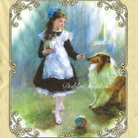 Rare Pretty little girl & dog painting