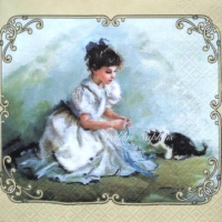Rare art Young girl with turquoise ribbon playing with a kitten