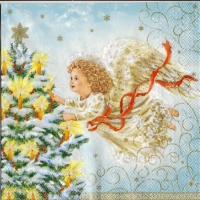 Angel decorates a Christmas tree blue